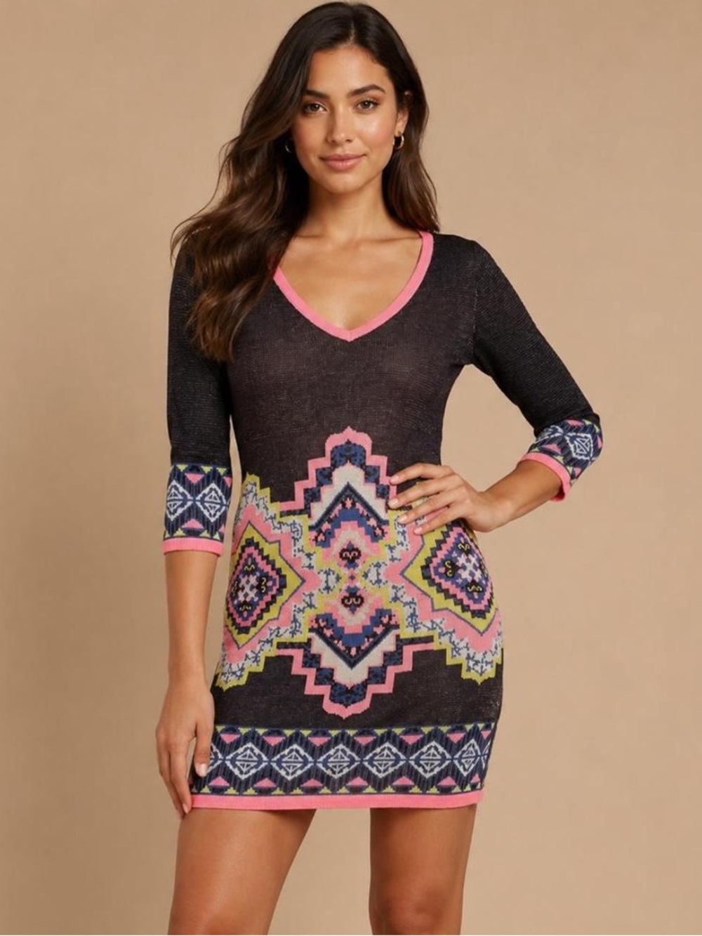 Bodycon Dress! Flying Tomato Neon Tribal Boho Southwest Sweater V-neck - M